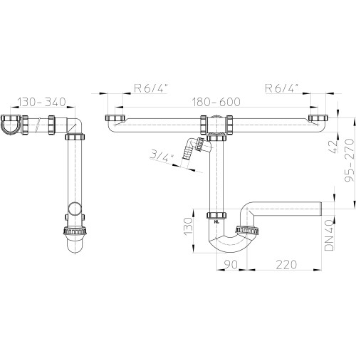 Space-saving siphon DN40x6/4" with ball joint, washing machine or dishwasher connection and waste connection DN40x6/4" Space-saving siphon DN40x6/4" with ball joint, washing machine or dishwasher connection and waste connection DN40x6/4"